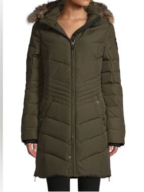 Pajar women’s Olive Puffer Coat with Faux-Fur Trim Hood